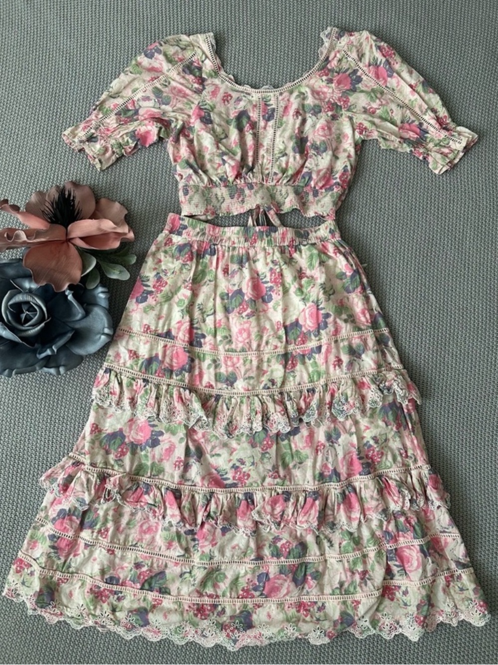 LoveShackFancy Naila Tiered Crochet Trimmed Floral Cotton Midi Skirt Pink Small - Picture 11 of 13